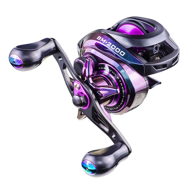 BM2000 fishing reel with water drop design and magnetic brake system, showing left-hand and right-hand model options.