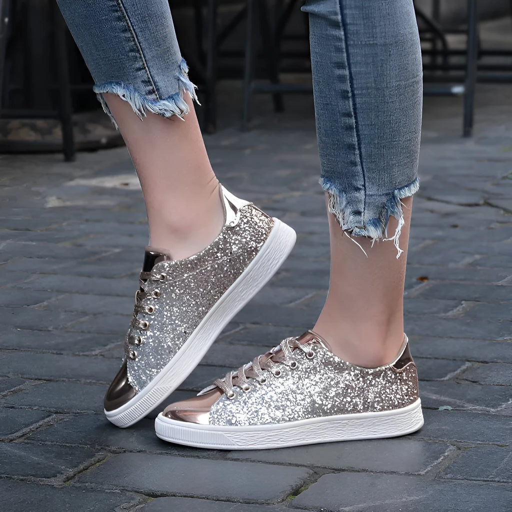Women's black pink gold sequin casual shoes with round toe and lace-up closure
