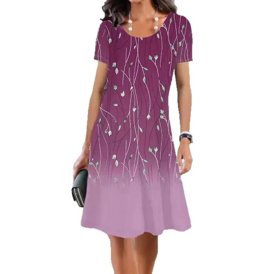 Women's light blue floral print A-line midi dress with short sleeves on a hanger.