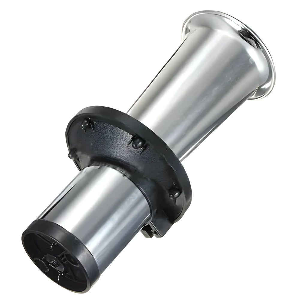 Black 12V universal replacement car horn with silver finish for automotive use
