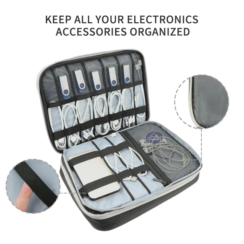 Grey three-layer travel storage bag with waterproof polyester construction and sewing line detailing