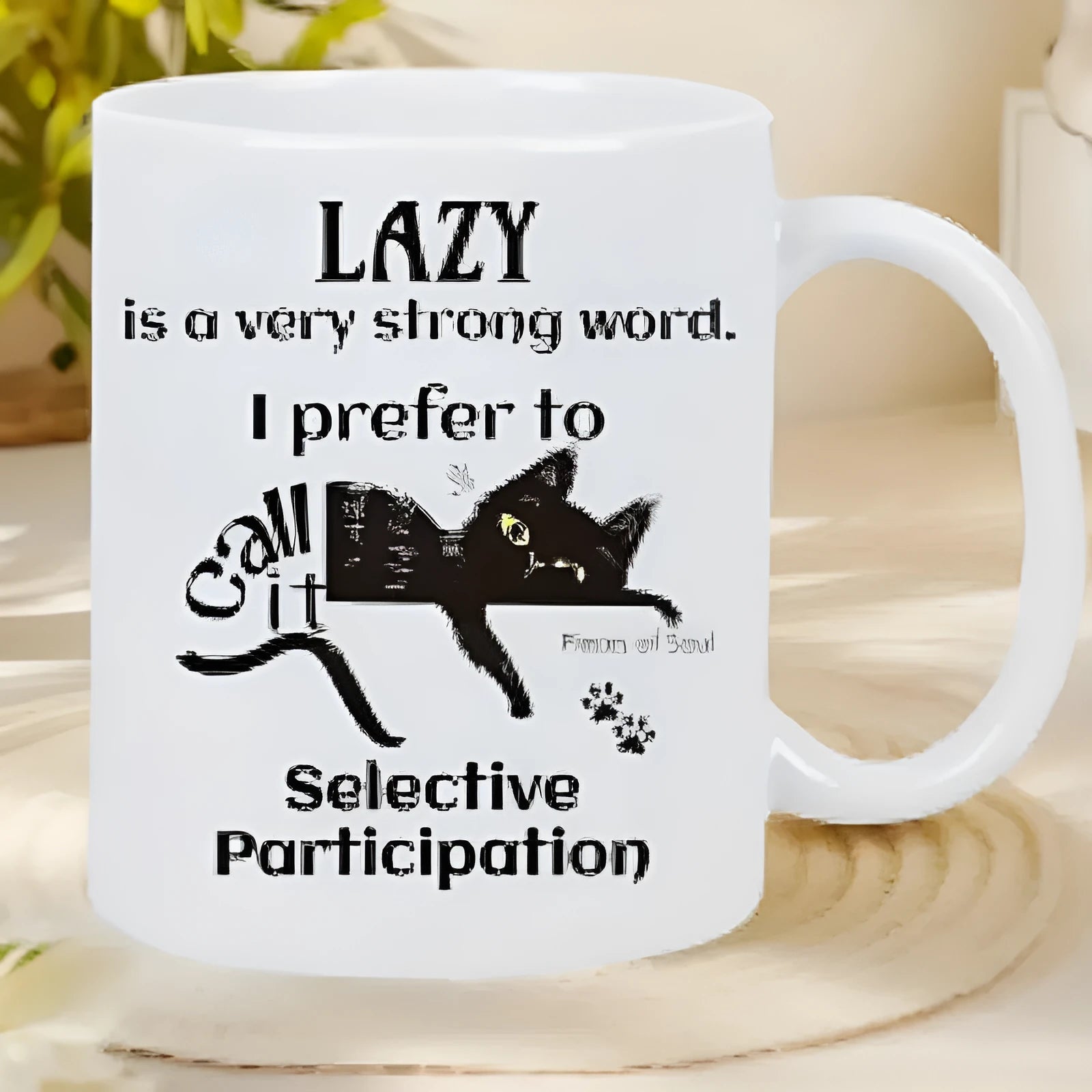 Ceramic thermal transfer mark cup with picture design showing 11oz capacity