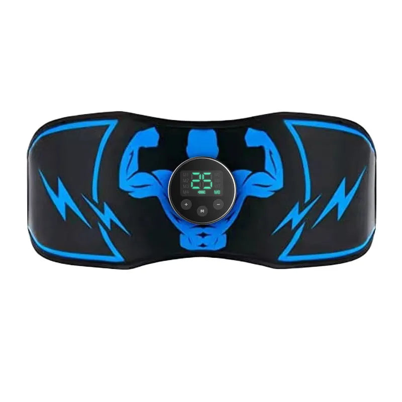 Blue EMS abdominal muscle stimulator belt with wireless remote control and rechargeable fitness system