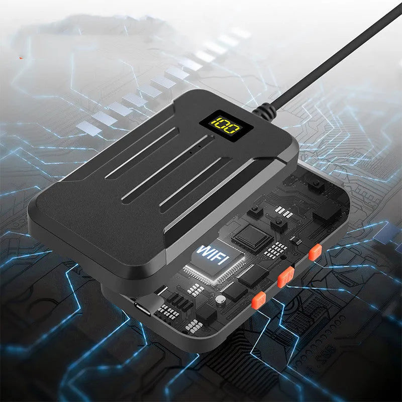 F300 wireless endoscope with dual camera probes, hook, magnet, and charging cable on a grey background.