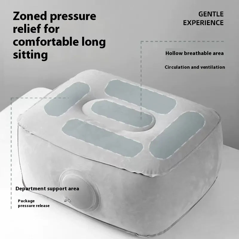Grey inflatable seat cushion with flocked texture, shown inflated on a chair and deflated for portability.