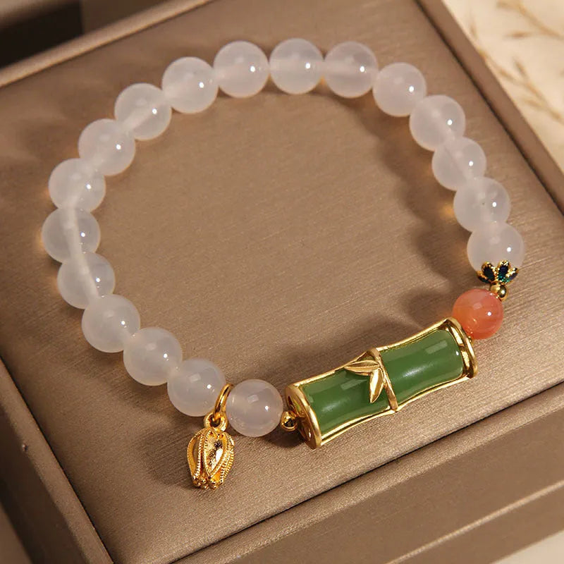 White agate jasper and jade bamboo beaded bracelet in traditional Chinese style for women