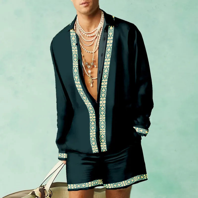 Men's casual summer two-piece set with long sleeve shirt and matching shorts in colour block pattern