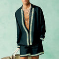 Men's casual summer two-piece set with long sleeve shirt and matching shorts in colour block pattern