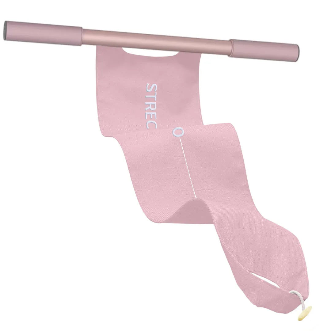 Grey and pink yoga stretching tool for shoulder, back, and hip exercises