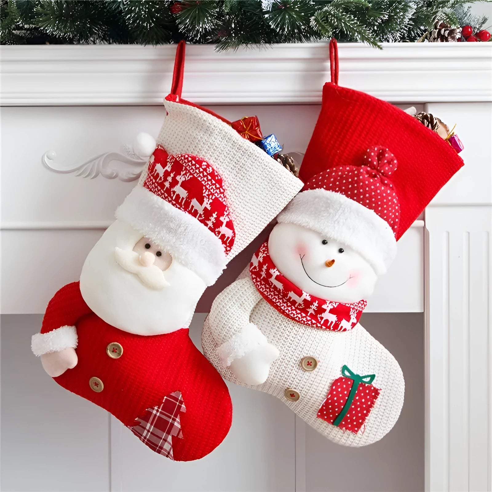 Large red and white knitted Christmas stocking with Santa Claus design for fireplace decoration