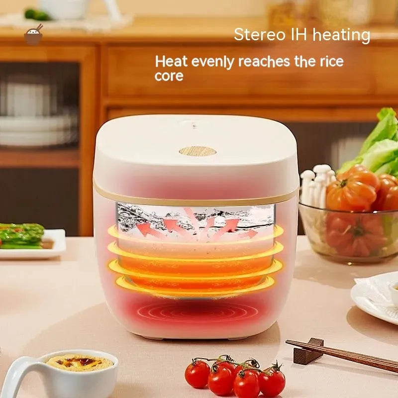 White intelligent rice cooker with black crystal inner pot and accessories