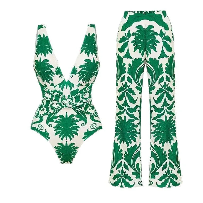 Green one-piece swimsuit with multiple wearing methods, polyester fabric, sleeveless design