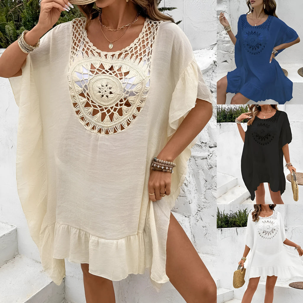 Beach cover up dress with patchwork crochet stitching and tassel details in free size pullover design