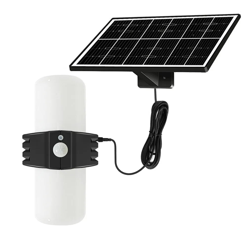 Black outdoor solar floodlight with motion sensor and three lighting modes