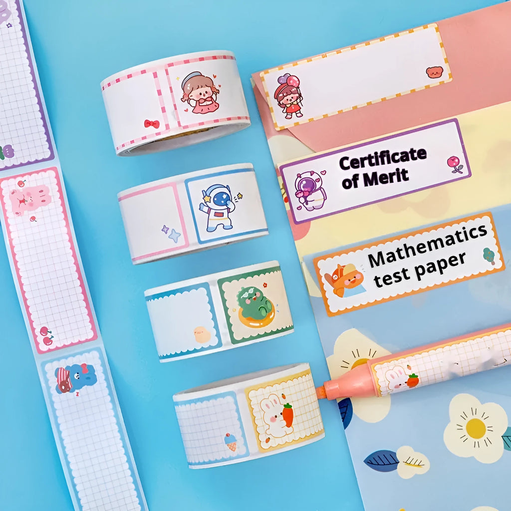 Roll of colourful cartoon name tape stickers showing dinosaur, astronaut, rabbit and girl designs