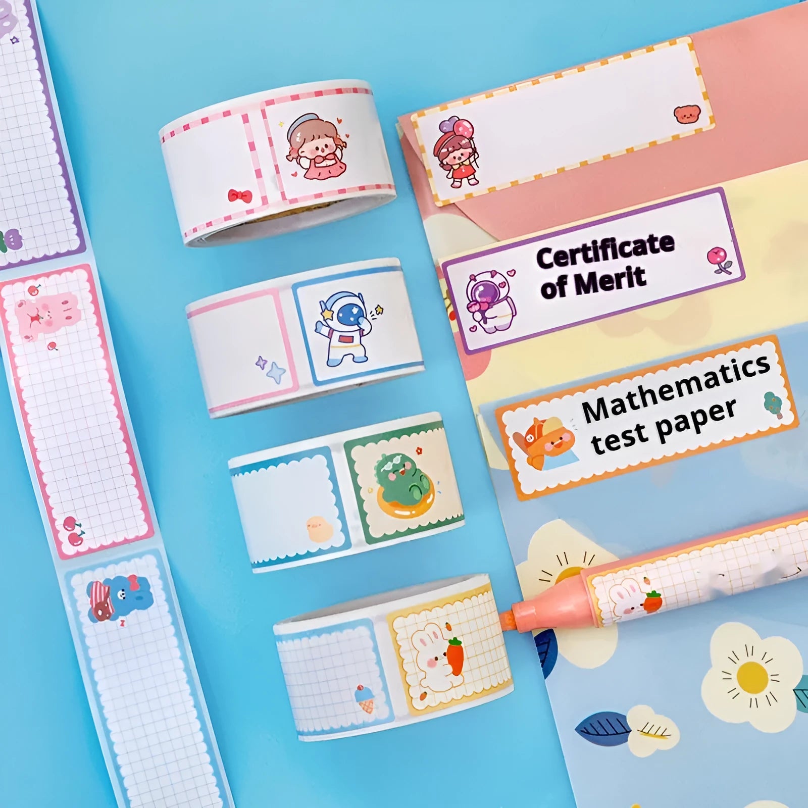Roll of colourful cartoon name tape stickers showing dinosaur, astronaut, rabbit and girl designs