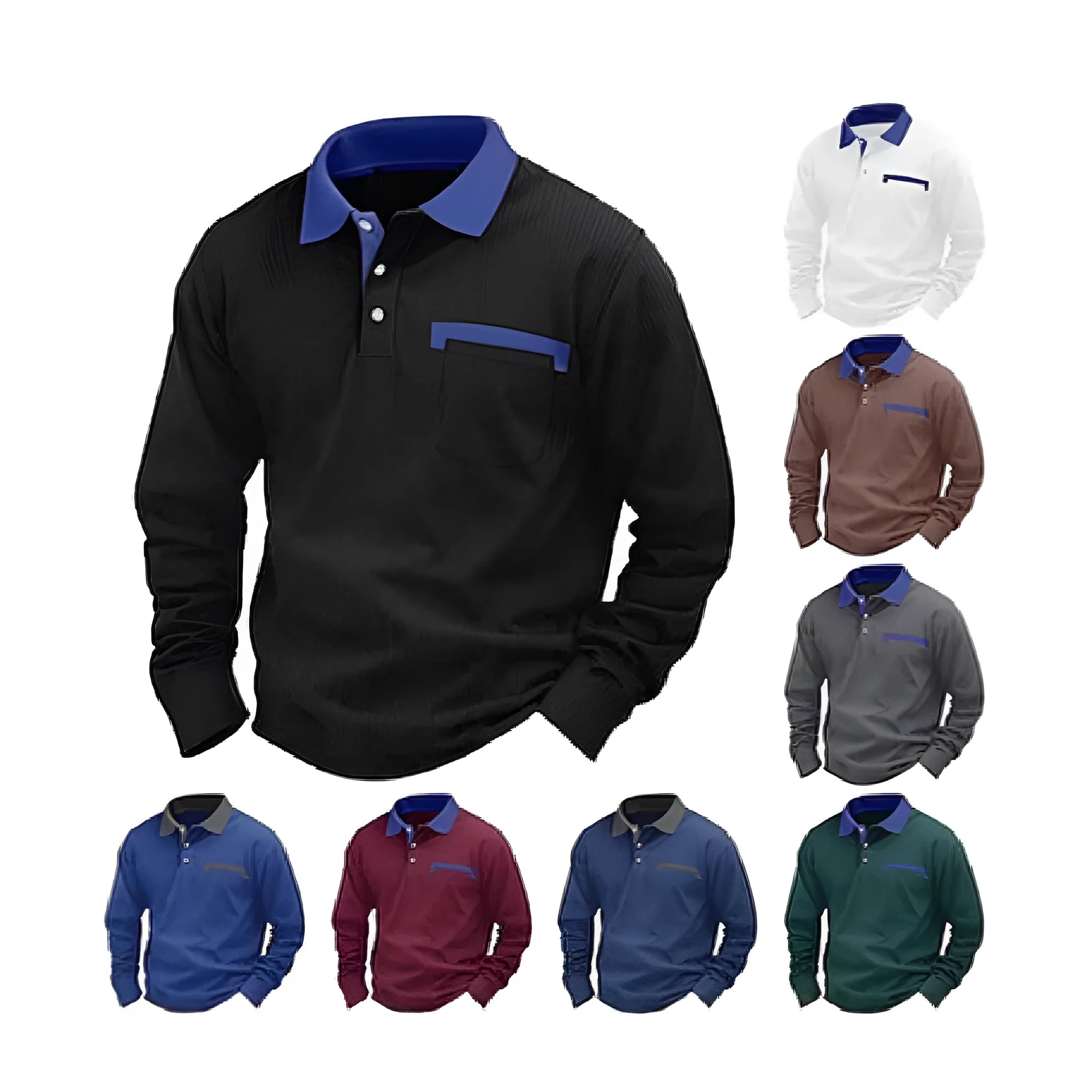 A man wearing a long-sleeved waffle knit polo shirt in a solid colour with a loose, retro fit.