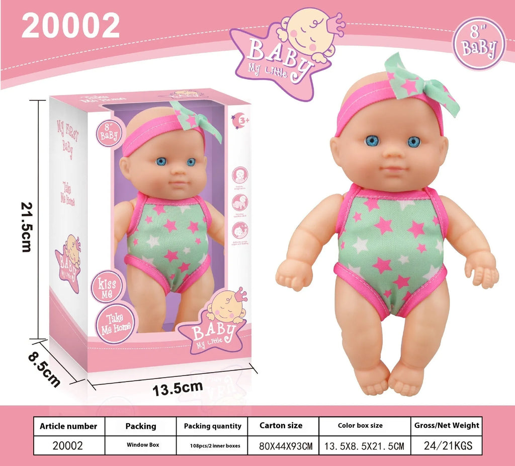21.5 cm tall simulation baby vinyl doll figurine on display.