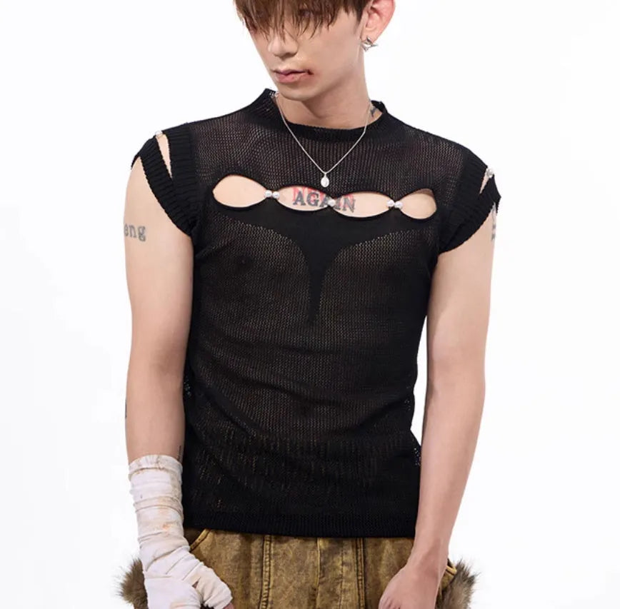 Dark hollow-out knitmesh sleeveless T-shirt with round collar, solid black colour, regular length