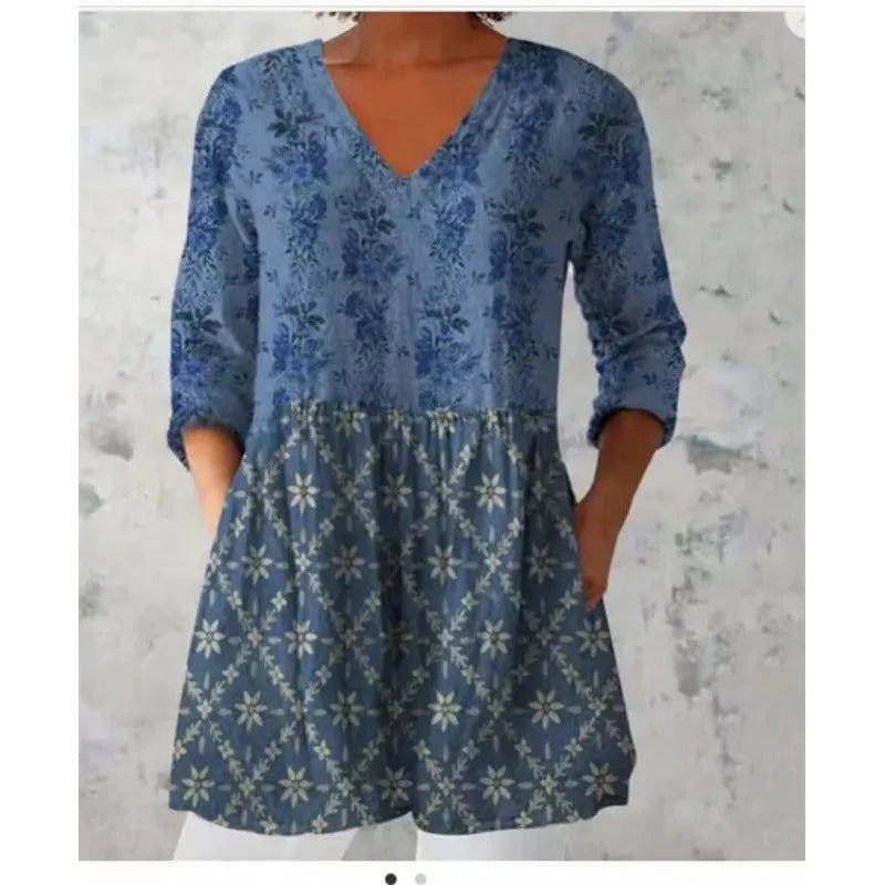Women's printed wave pattern loose dress with 3/4 sleeves and wide waist