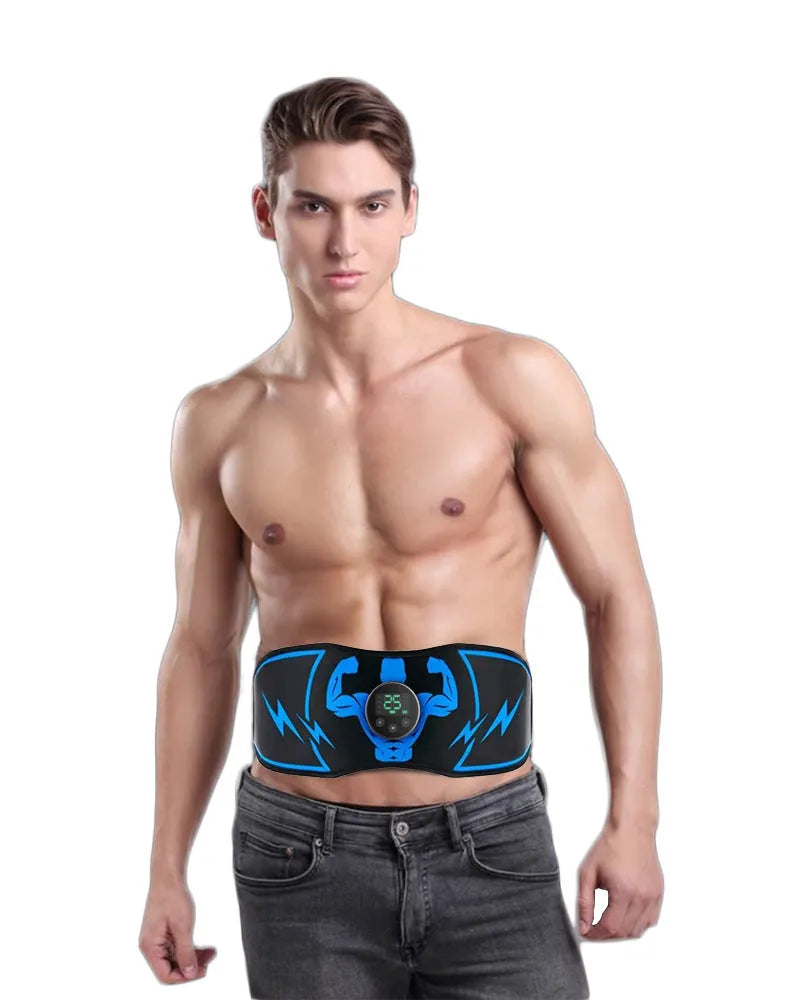 Blue EMS abdominal muscle stimulator belt with wireless remote control and rechargeable fitness system