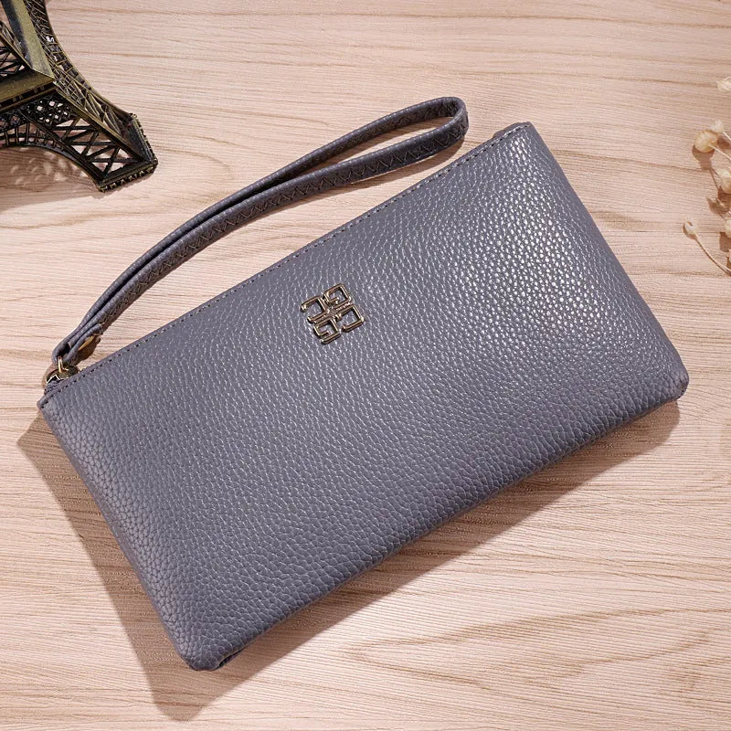 Long black PU leather wallet handbag with a zipper, shown open, sized for a 55-inch mobile phone.