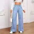 Light blue washed wide-leg straight jeans on a hanger, showing mid waist and zip fly detail.