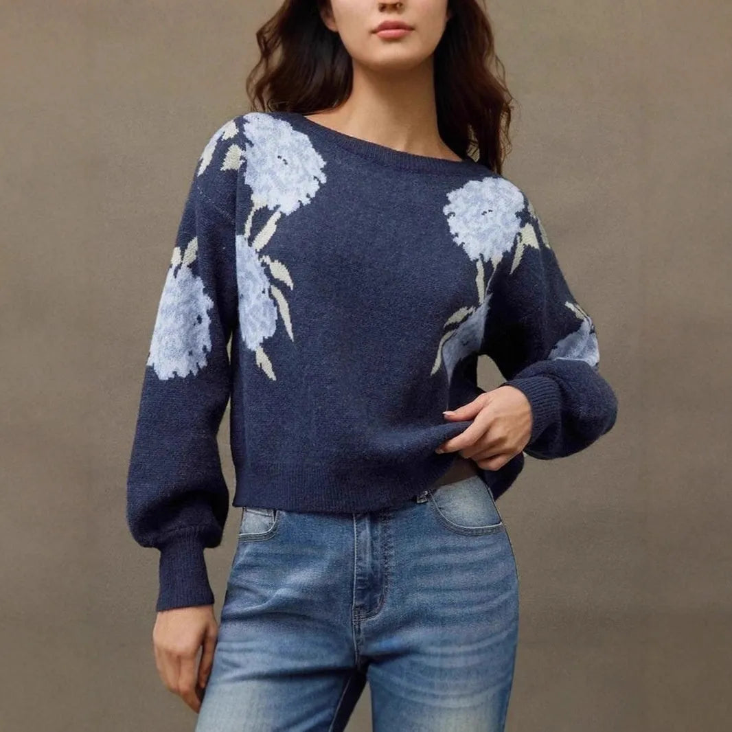 Sapphire Blue women's pullover with flower jacquard pattern, loose casual style with regular sleeves