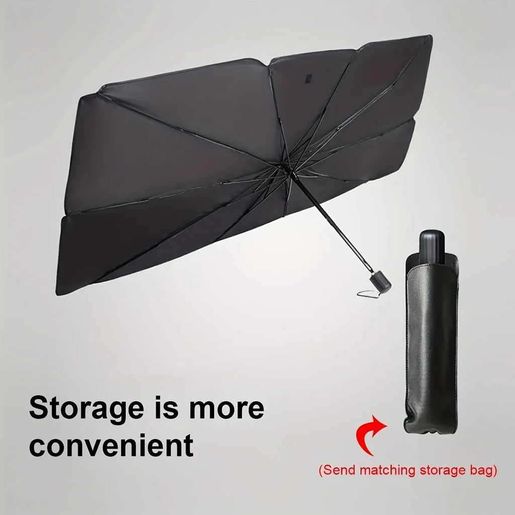 Foldable car windshield sunshade umbrella showing automatic folding mechanism and UV protection