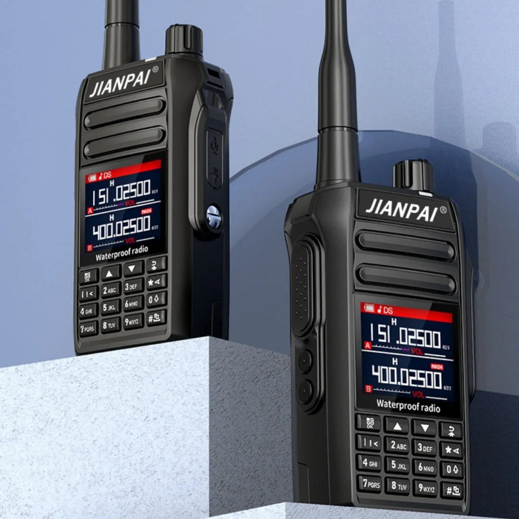 Black Interphone aviation full band radio communication headset with complete kit including battery, antenna, and charging equipment