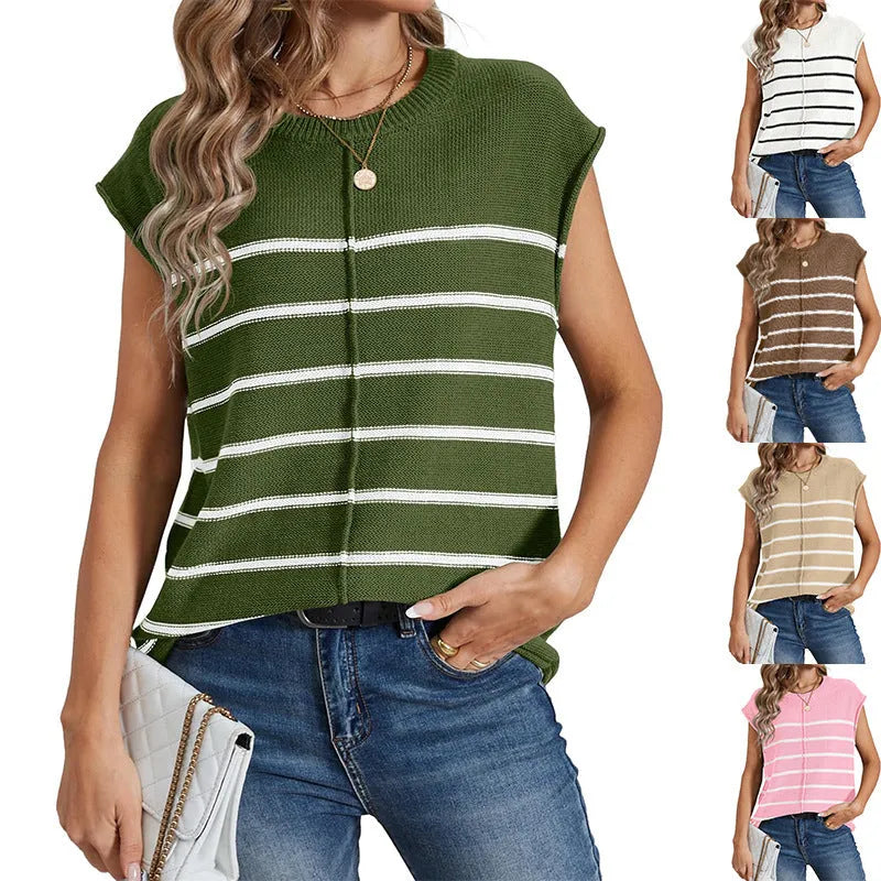 Women's striped sleeveless pullover vest with bone stitching in multiple colour options
