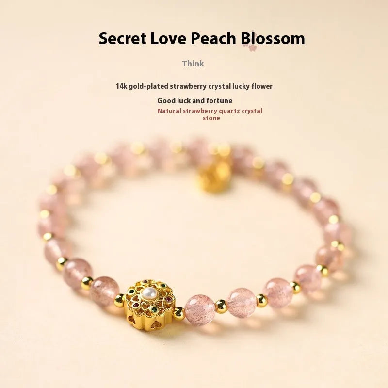 Hand-woven crystal bracelet with gray moonstone, sunstone, and strawberry quartz 6mm beads