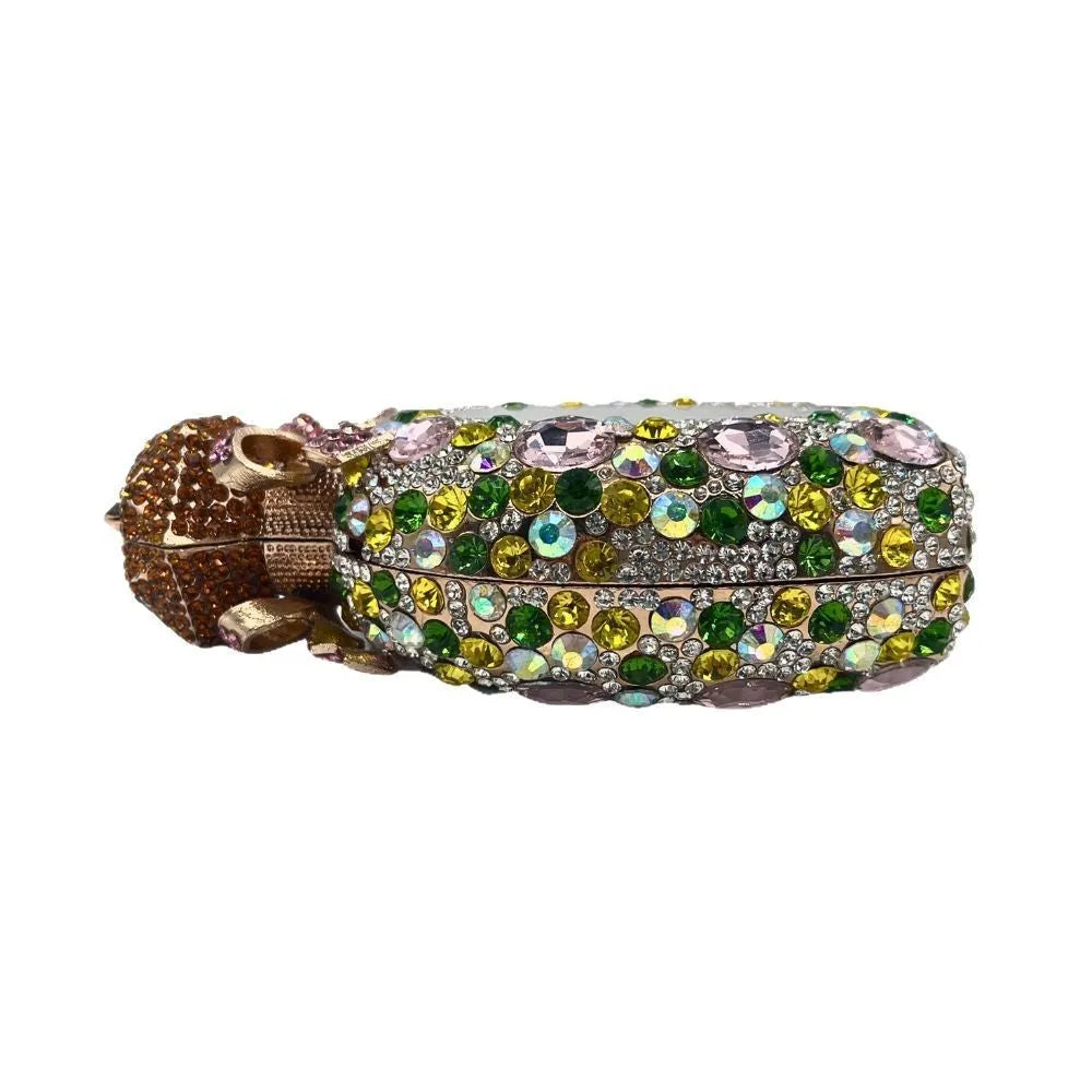 Women's structured clutch bag with diamond embellishment in metallic gold finish