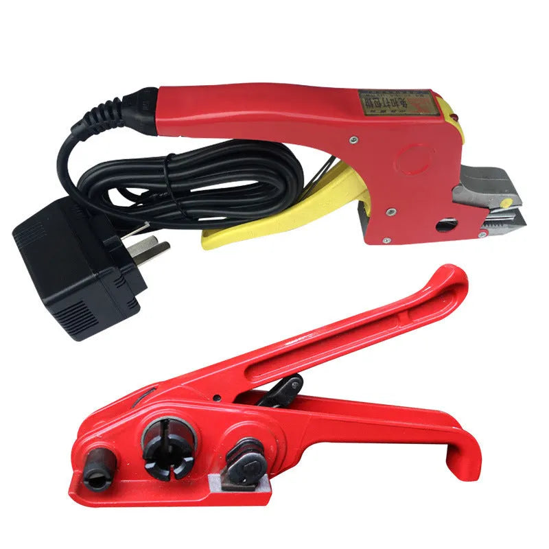 Electric hot melt packing machine with plastic steel tensioner and yellow packaging tape on work surface