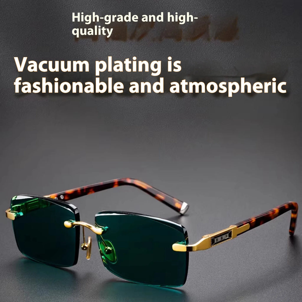 Dark green crystal frameless sunglasses with glasses case and lens cloth