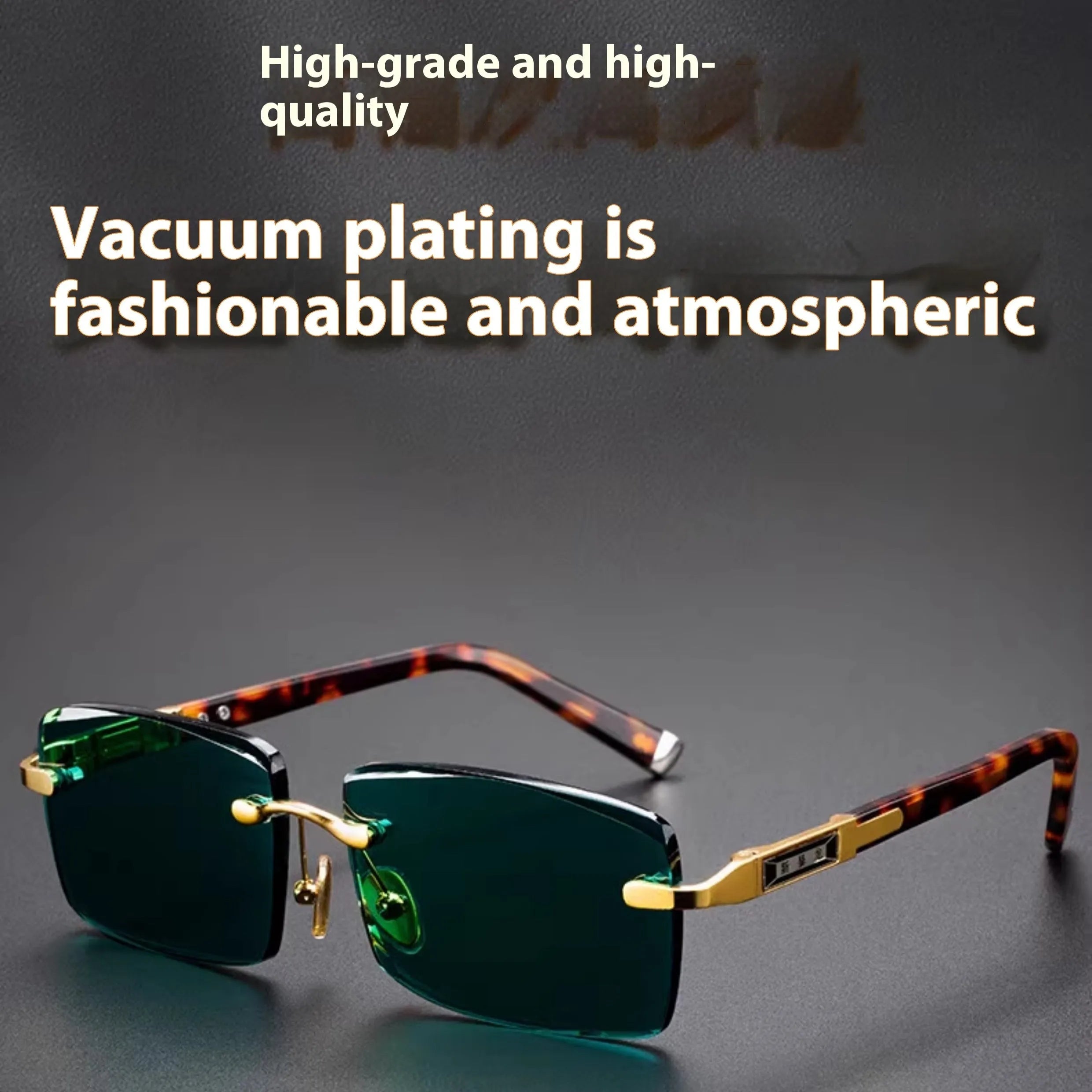 Dark green crystal frameless sunglasses with glasses case and lens cloth