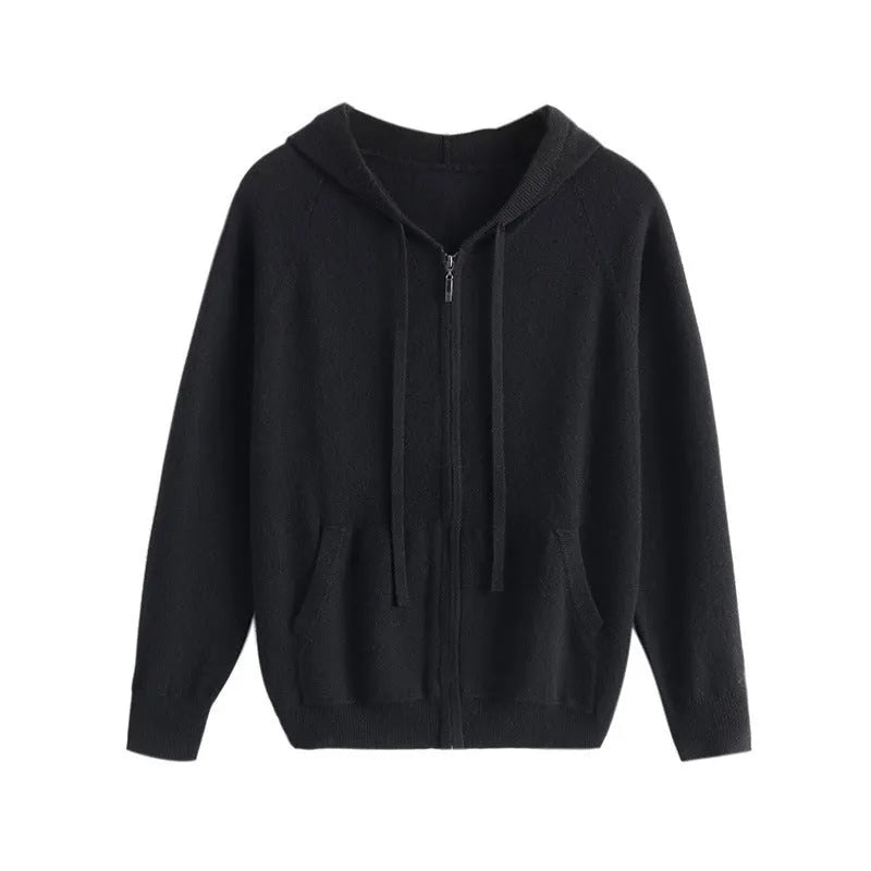 Man wearing a solid-colour hooded zip-up knitted cardigan in a business casual setting.