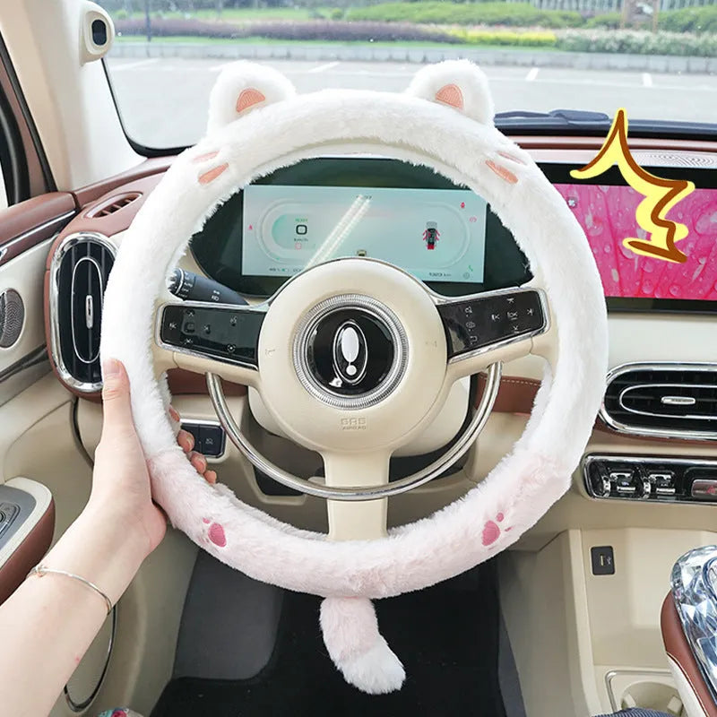 Plush cartoon animal embroidered steering wheel cover for cars in winter.