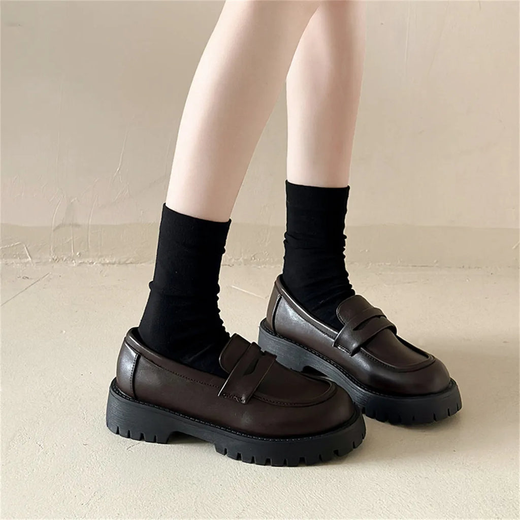 Chunky heel platform shoes women low heel round toe PU rubber British style black