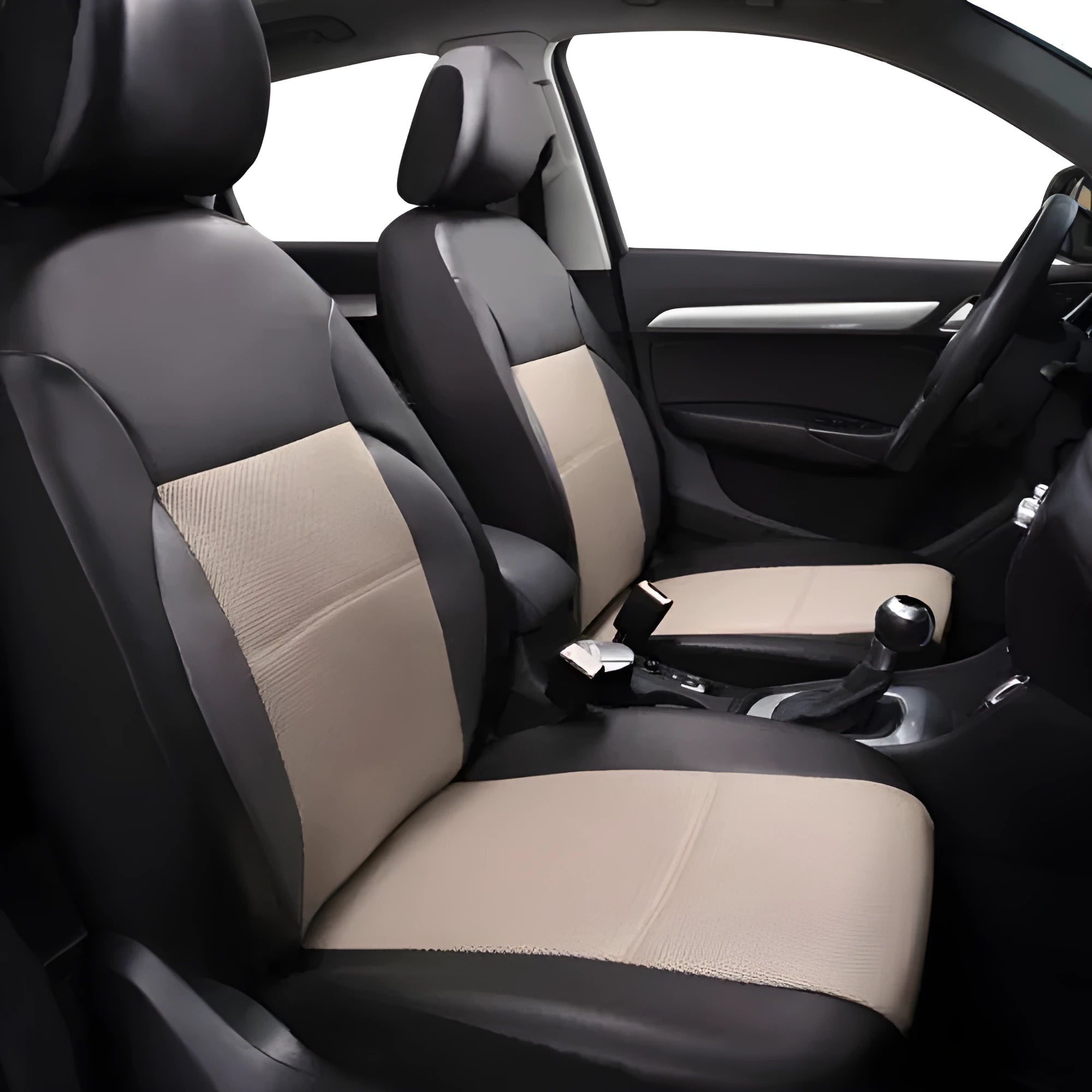 Artificial leather car seat cover set in multiple colours showing front seat, headrest, and back seat pieces.