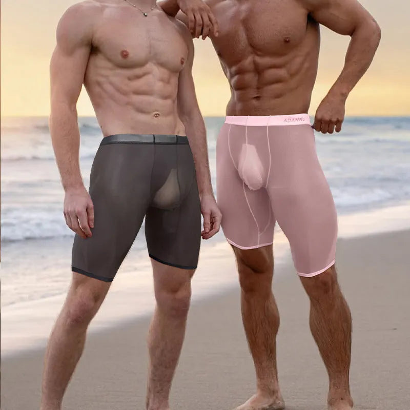 Men's black seamless knitted mesh home shorts laid flat showing hip lift design