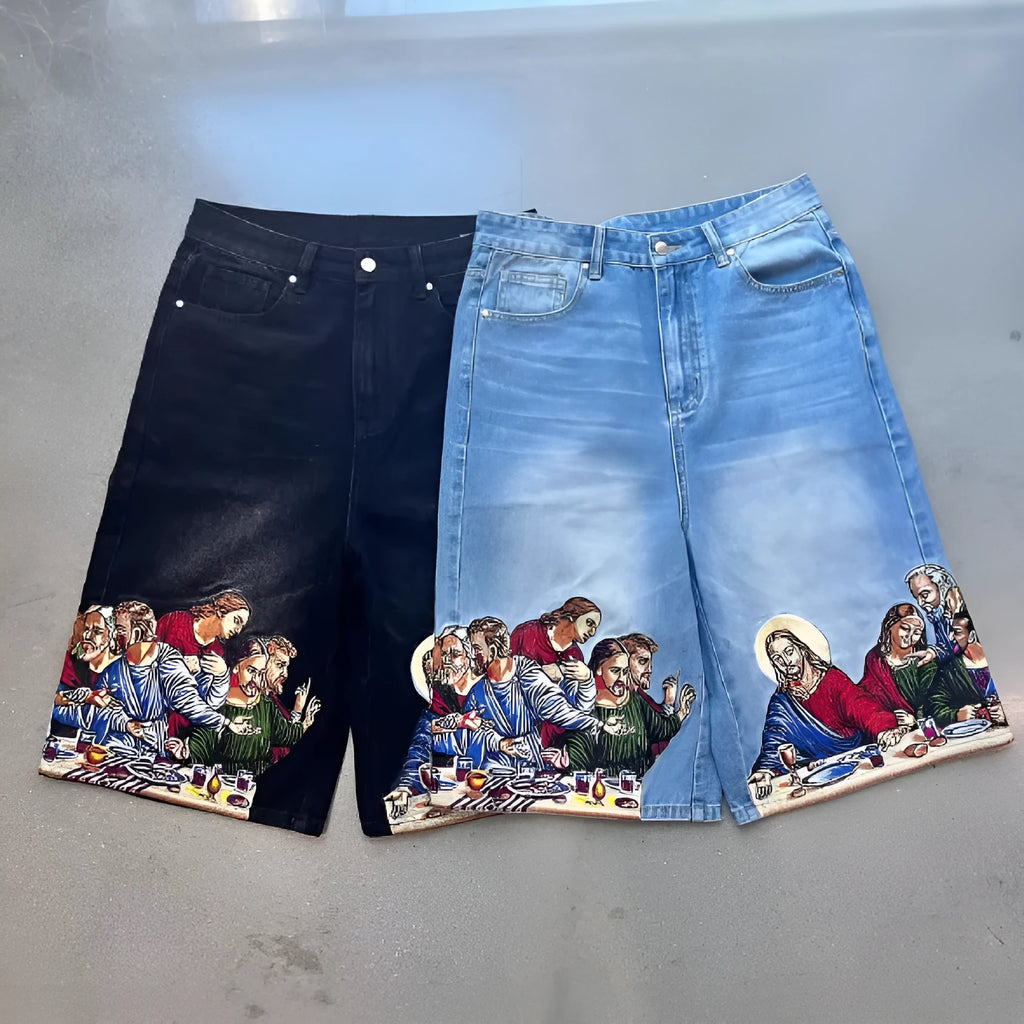 Men's blue cotton shorts with Jesus print on back pocket showing tapered leg design