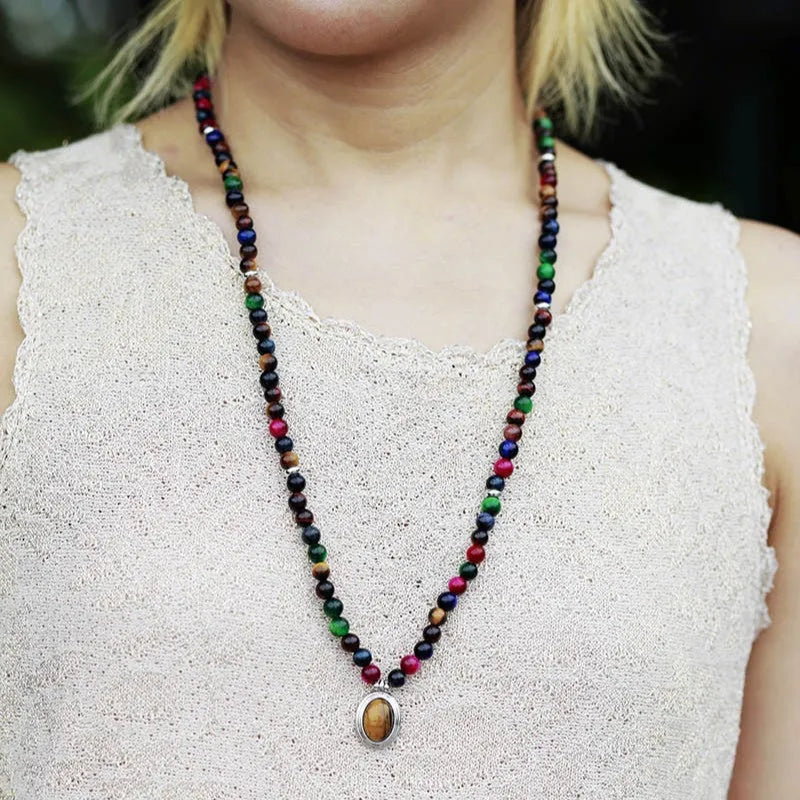 Handcrafted colour tiger-eye 108 pendant meditation necklace and bracelet with mixed gem inlay and symbolic designs