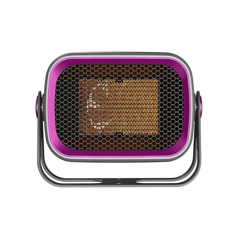 White compact desktop electric heater with rotatable base and push-button controls on front.
