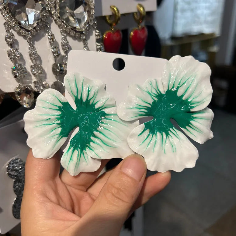 Pastoral style alloy flower stud earrings with electroplated oil-spot glaze finish in four colour options