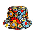 Colourful floral print polyester bucket hat with dome crown on white background