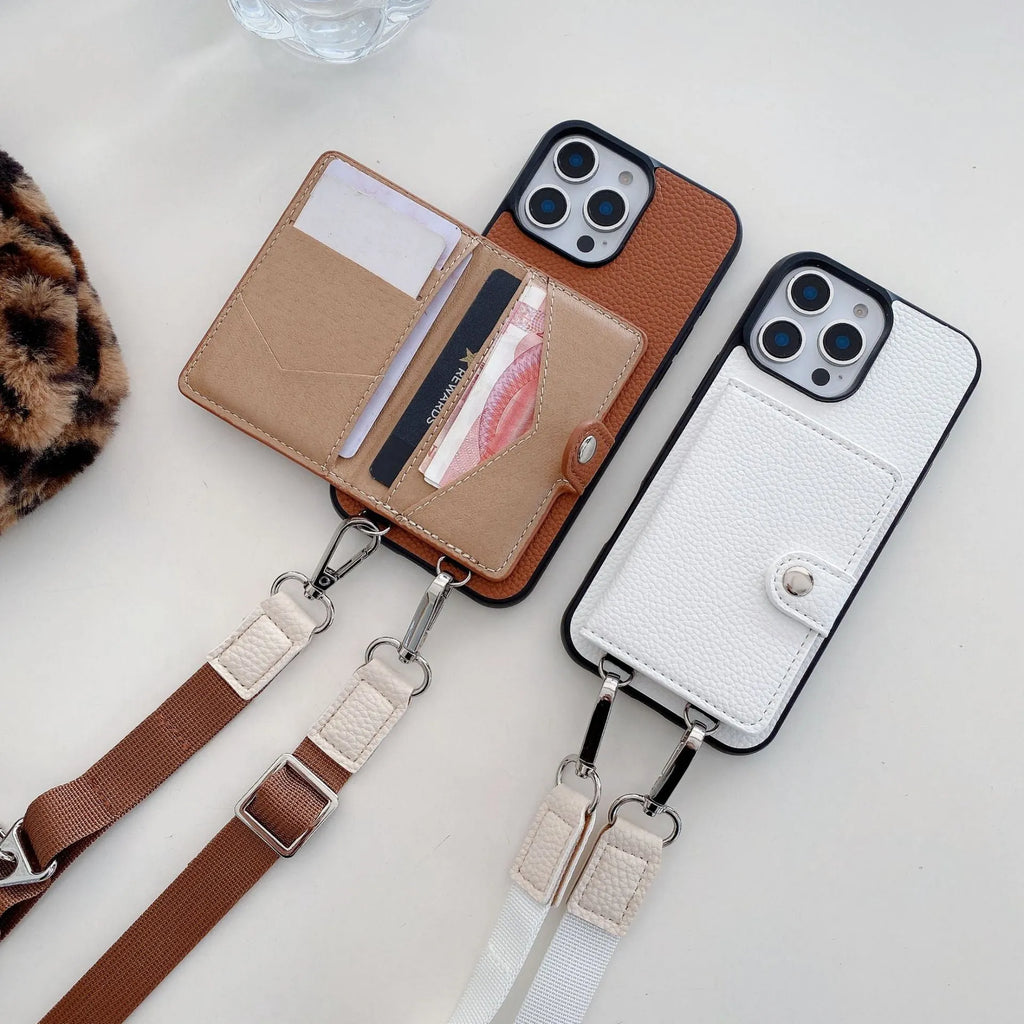 Black PC leather card holder phone case for iPhone with wrist lanyard attached.