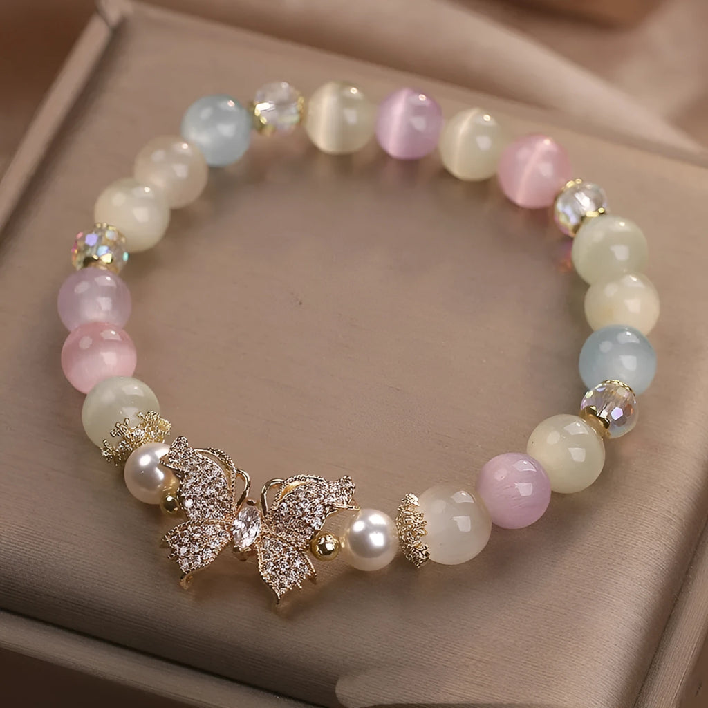 Natural stone bracelet with golden moonstone and butterfly design for women