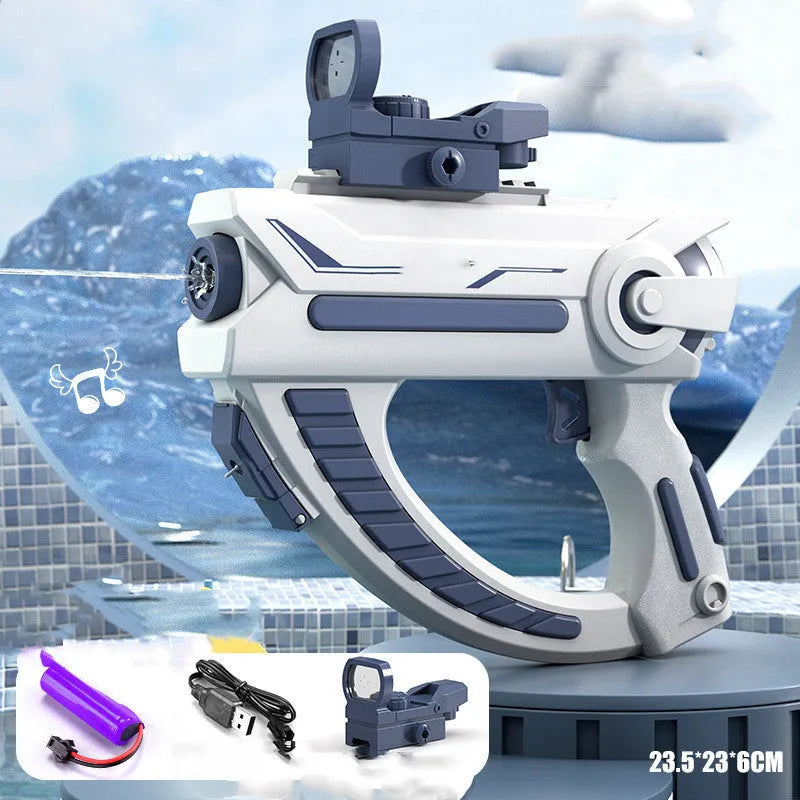 Blue automatic electric water gun with USB charging port for summer water fights