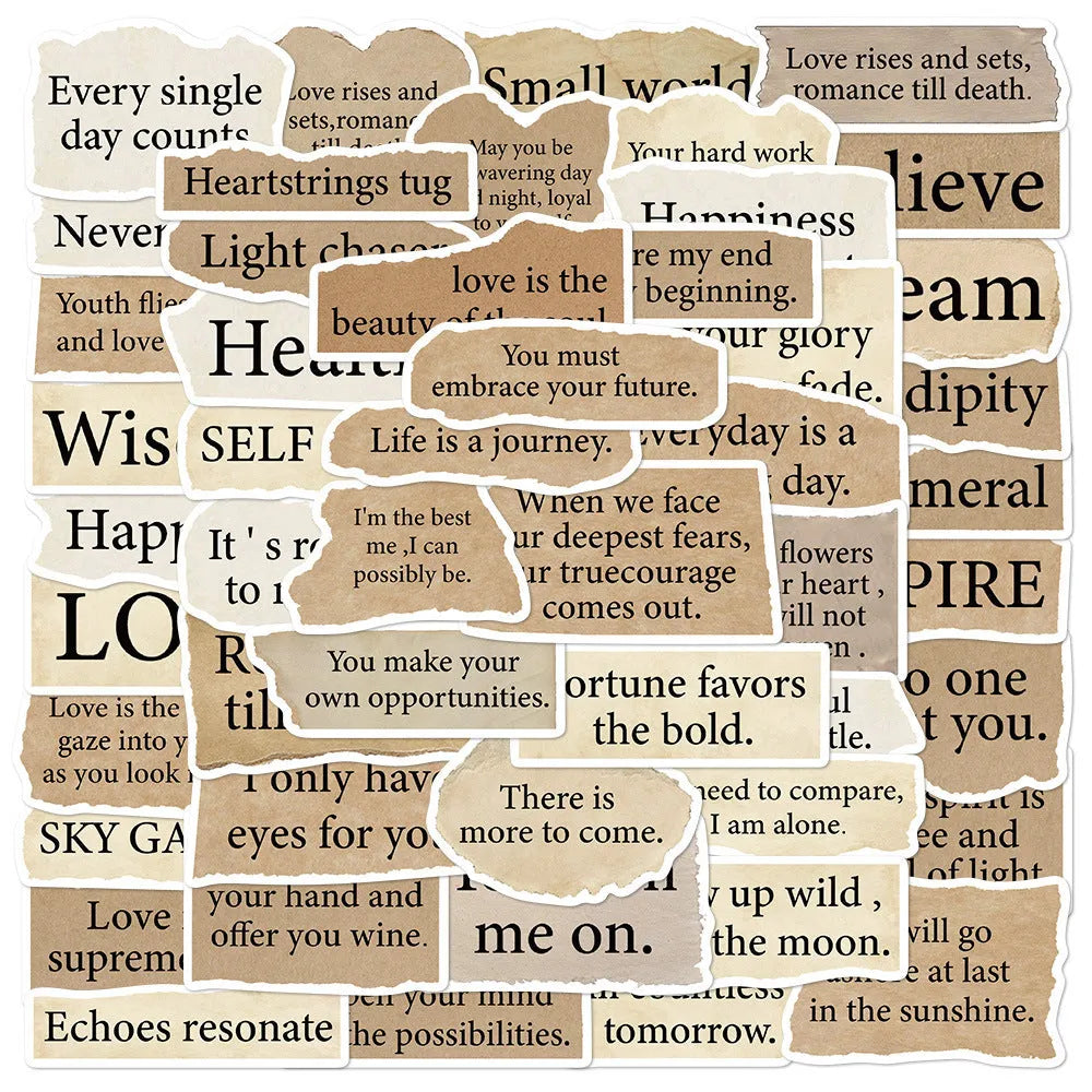 Set of 25 torn English design decorative stickers for laptops and notebooks with repositionable adhesive